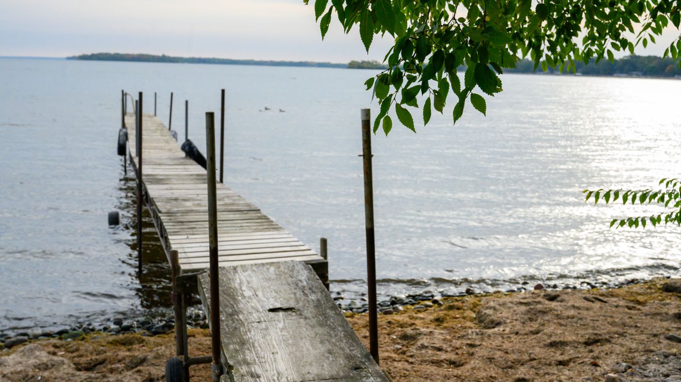 Community dock stretching into Lake Mille Lacs