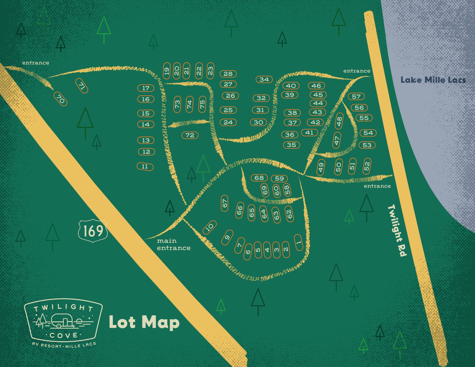 Twilight Cove lot map showing numbered RV and mobile home lots, entrances from US-169 and Twilight Road, and Lake Mille Lacs